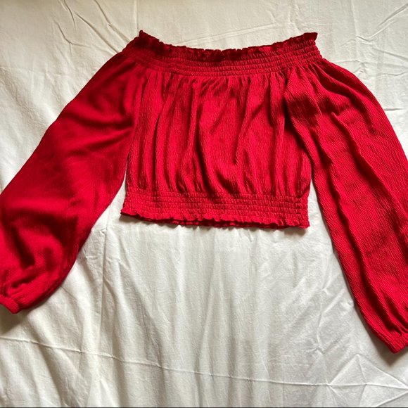 Divided Tops - XS Red Textured Long Sleeve Off The Shoulder Blouse